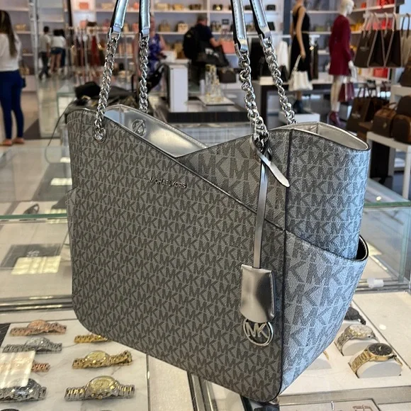 Michael Kors Jet Set Travel Large Chained Tote Shoulder Bag MK SilverNWT